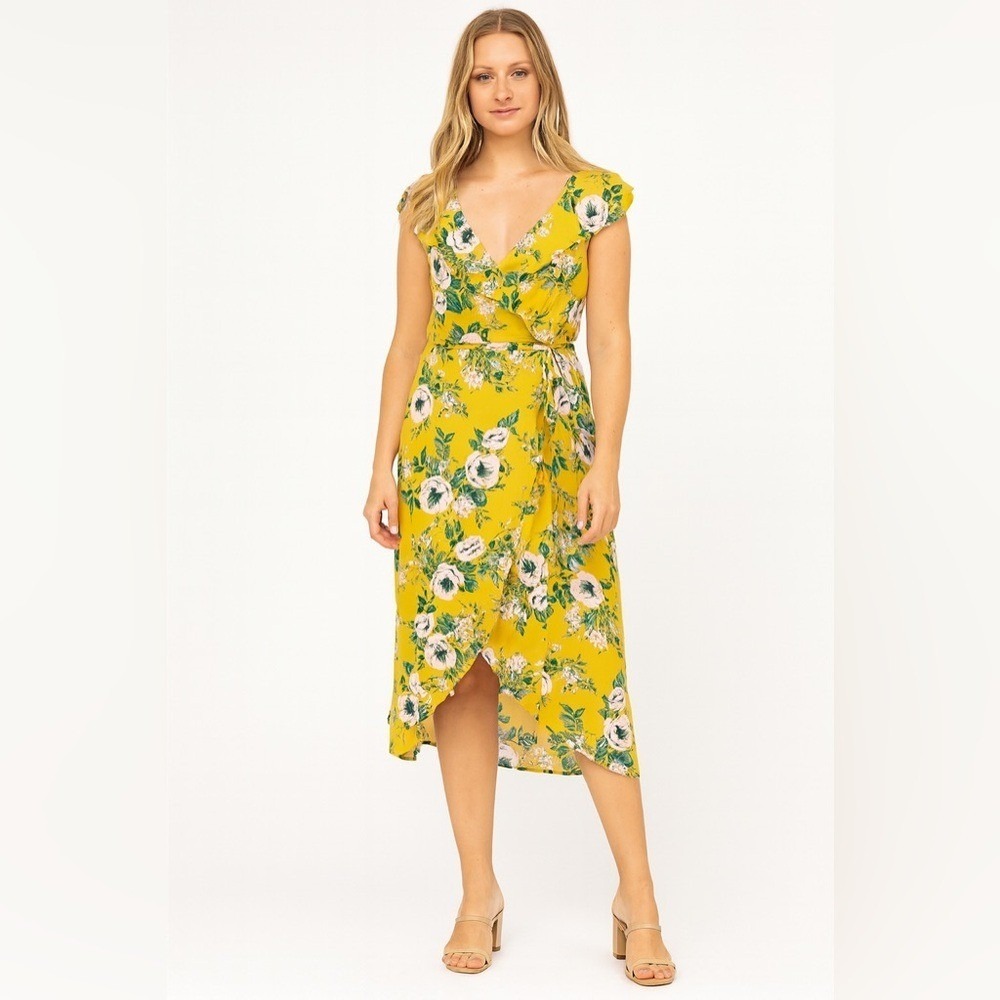 June & Hudson Yellow Floral Ruffle Wrap High Low Midi Dress, M